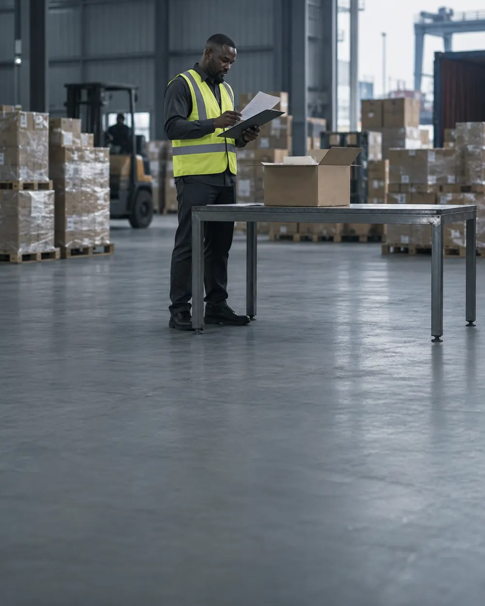 A clearing agent checking documents beside an opened parcel in a Lagos cargo warehouse